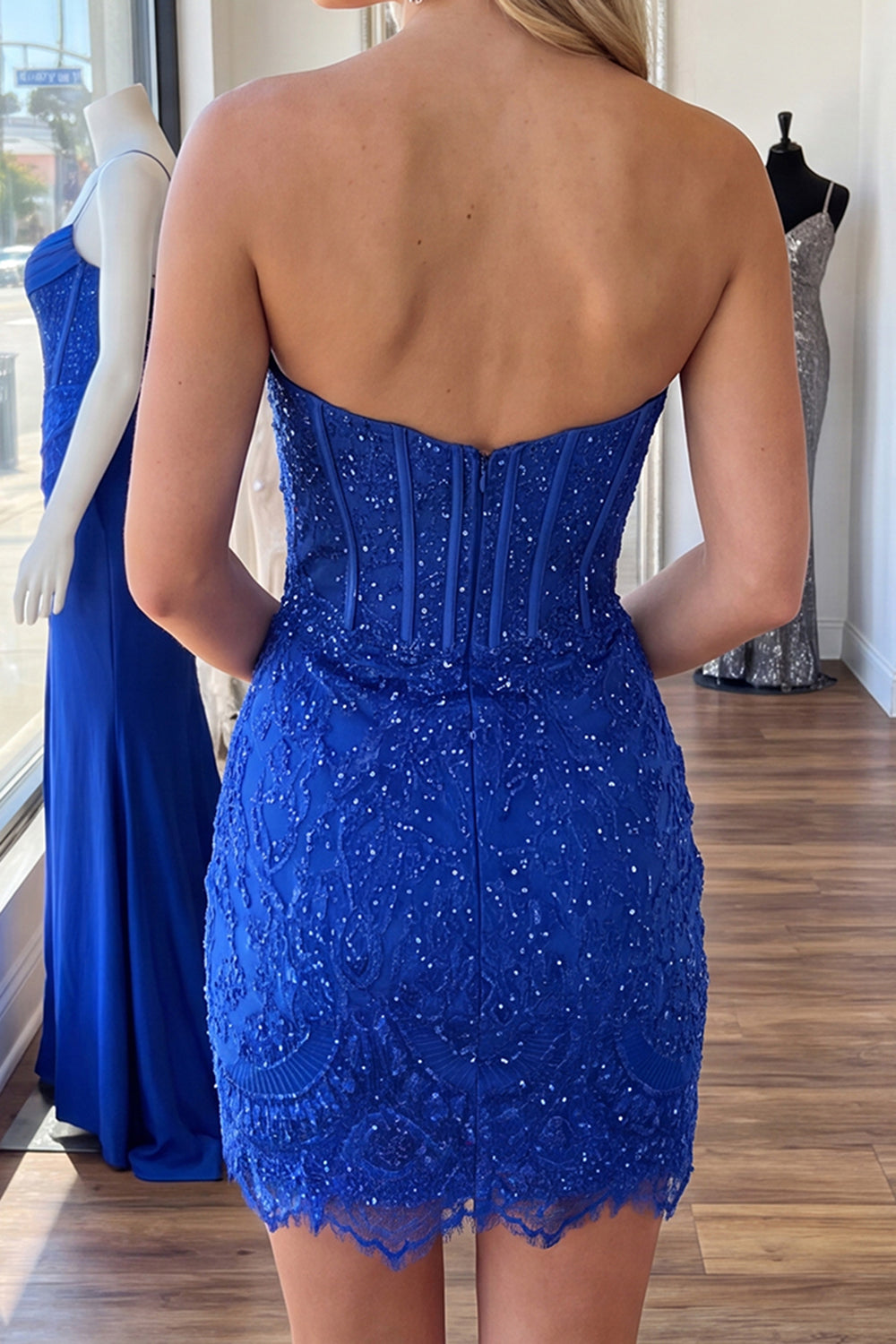 Sparkly Royal Blue Lace Corset Strapless Bodycon Short Homecoming Dress