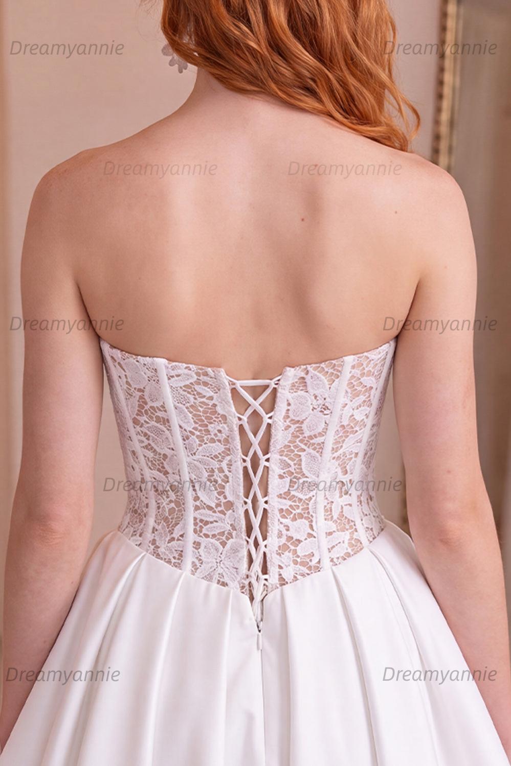 White Strapless Homecoming Dress Lace Ball Gown Short Wedding Dress