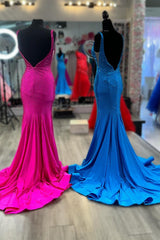 Mermaid Deep V Neck Royal Blue Long Prom Dress with Beading