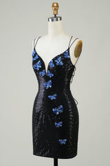 Sparkly Black Butterflies Sequins Beaded Tight Short Homecoming Dress