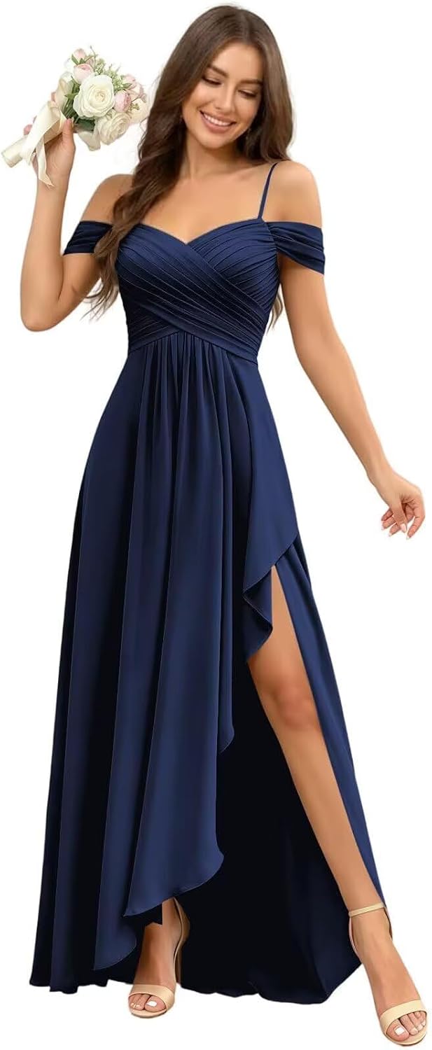 Cold Shoulder Pleated Chiffon Bridesmaid Dress with Ruffle Slit