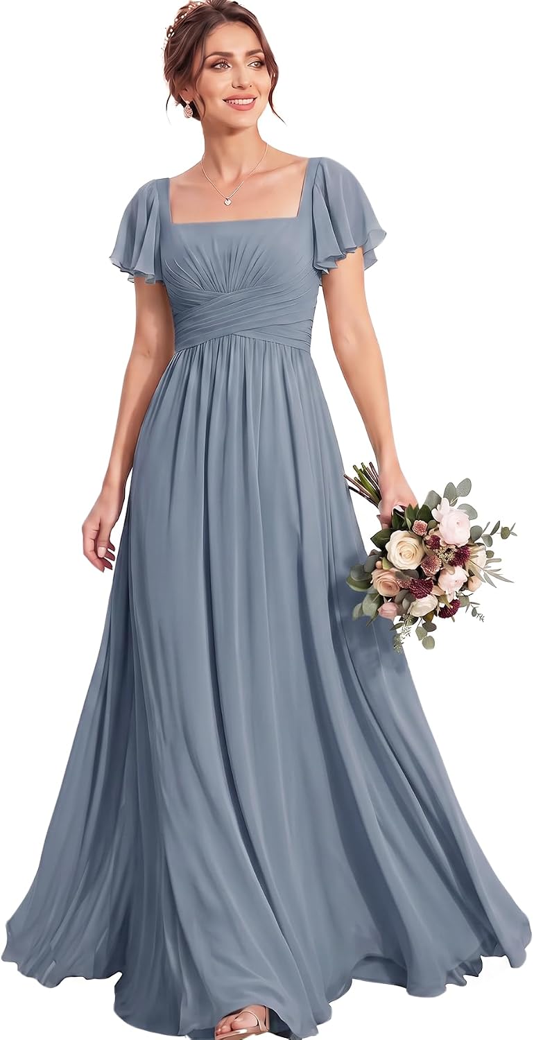 Ruched Waist Chiffon Bridesmaid Dress with Square Neck and Flutter Sleeves