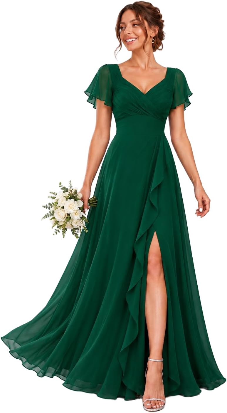Chiffon V-Neck Bridesmaid Dress with Flutter Sleeves and Slit