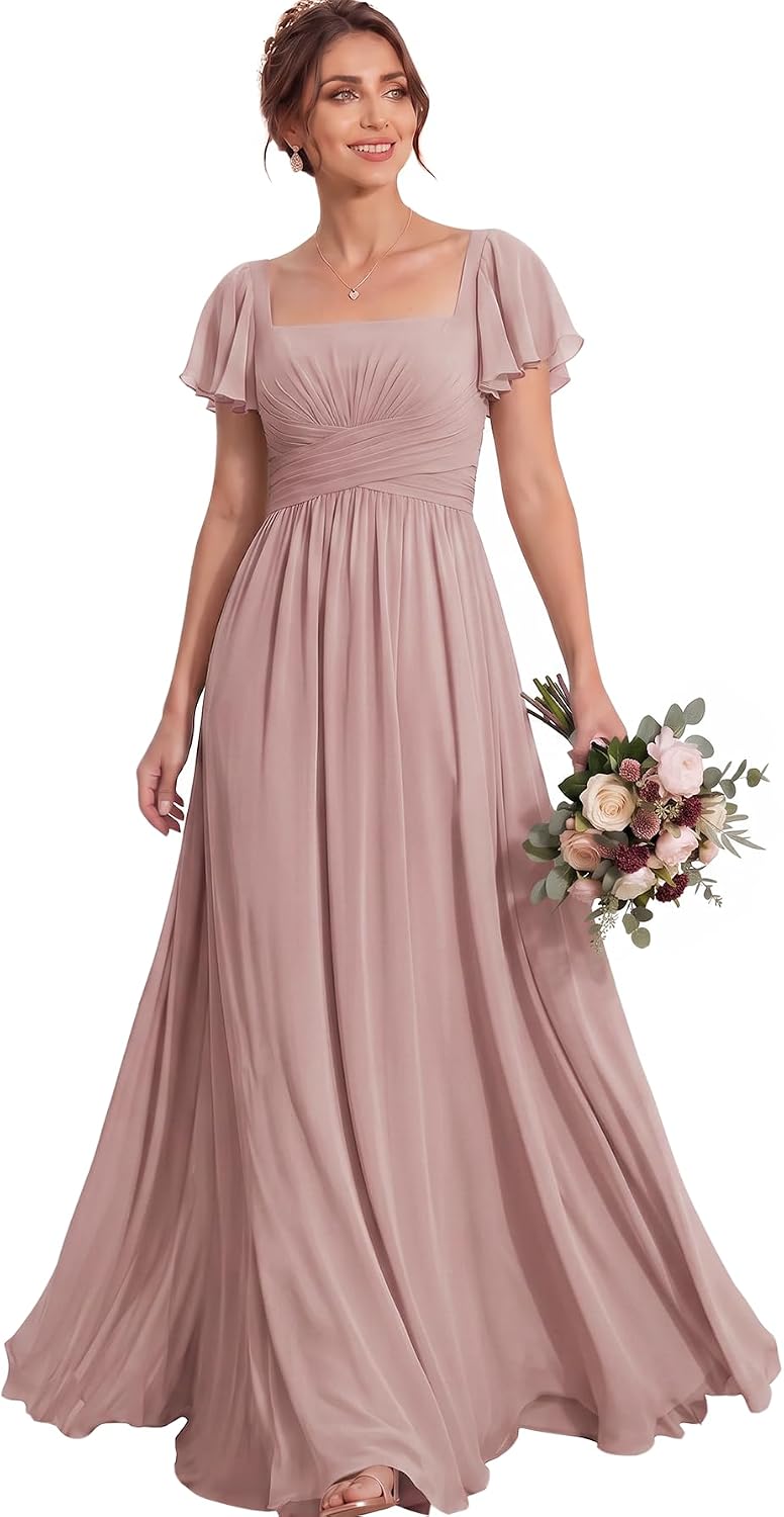 Ruched Waist Chiffon Bridesmaid Dress with Square Neck and Flutter Sleeves