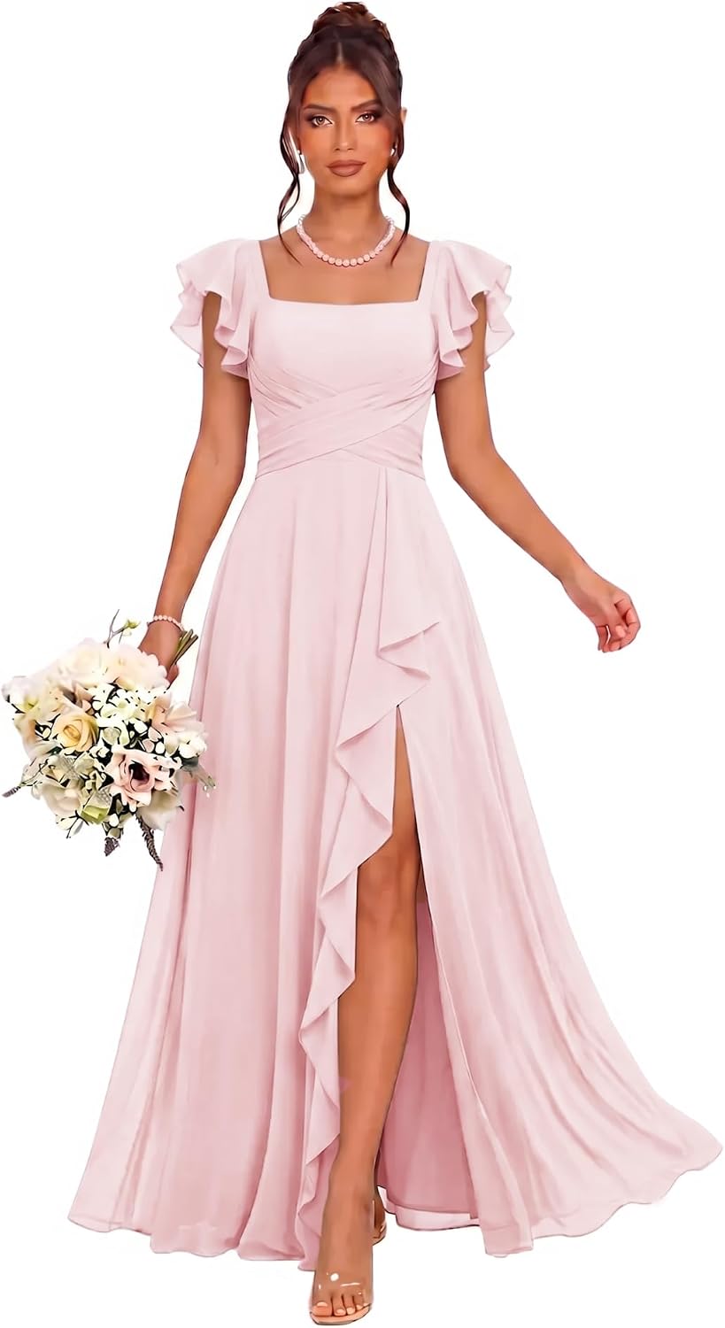 Cascading Ruffle Chiffon Bridesmaid Dress with Flutter Sleeves and Slit