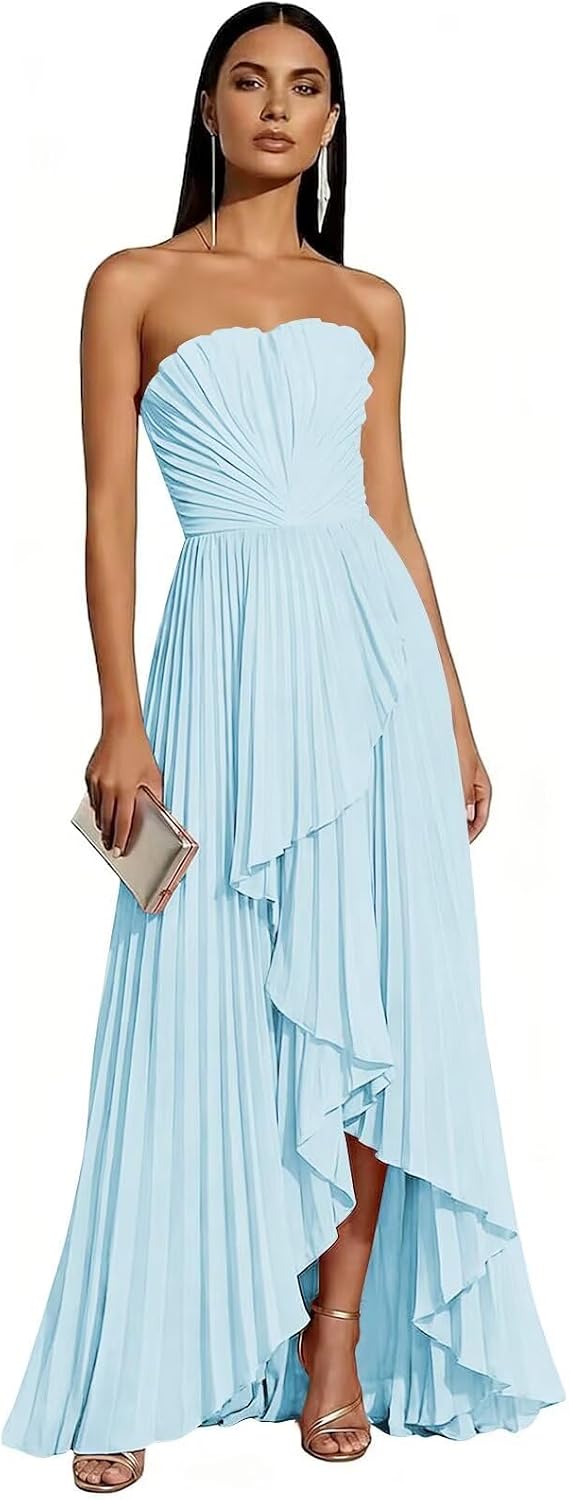 Strapless Chiffon Evening Dress with Pleats and Cascading Ruffle Hem