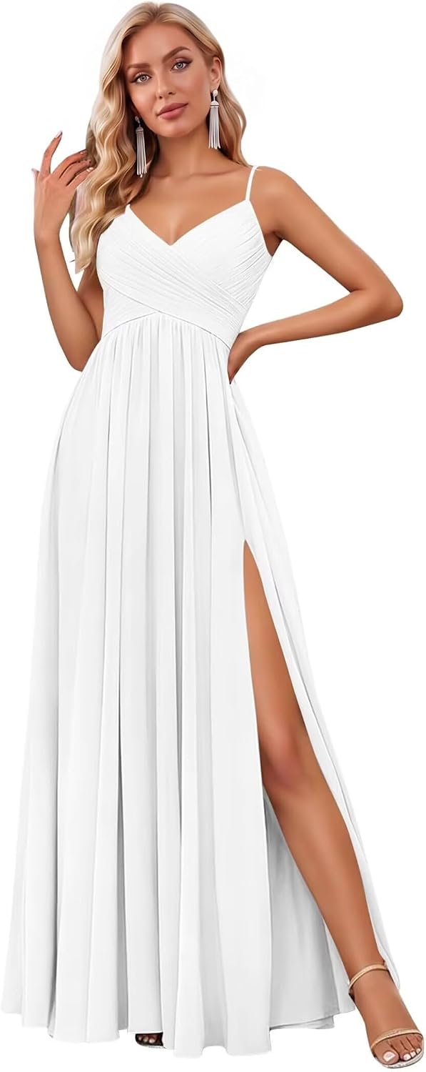 Spaghetti Strap Pleated Chiffon Bridesmaid Dress with V-Neck and Slit