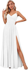 Spaghetti Strap Pleated Chiffon Bridesmaid Dress with V-Neck and Slit