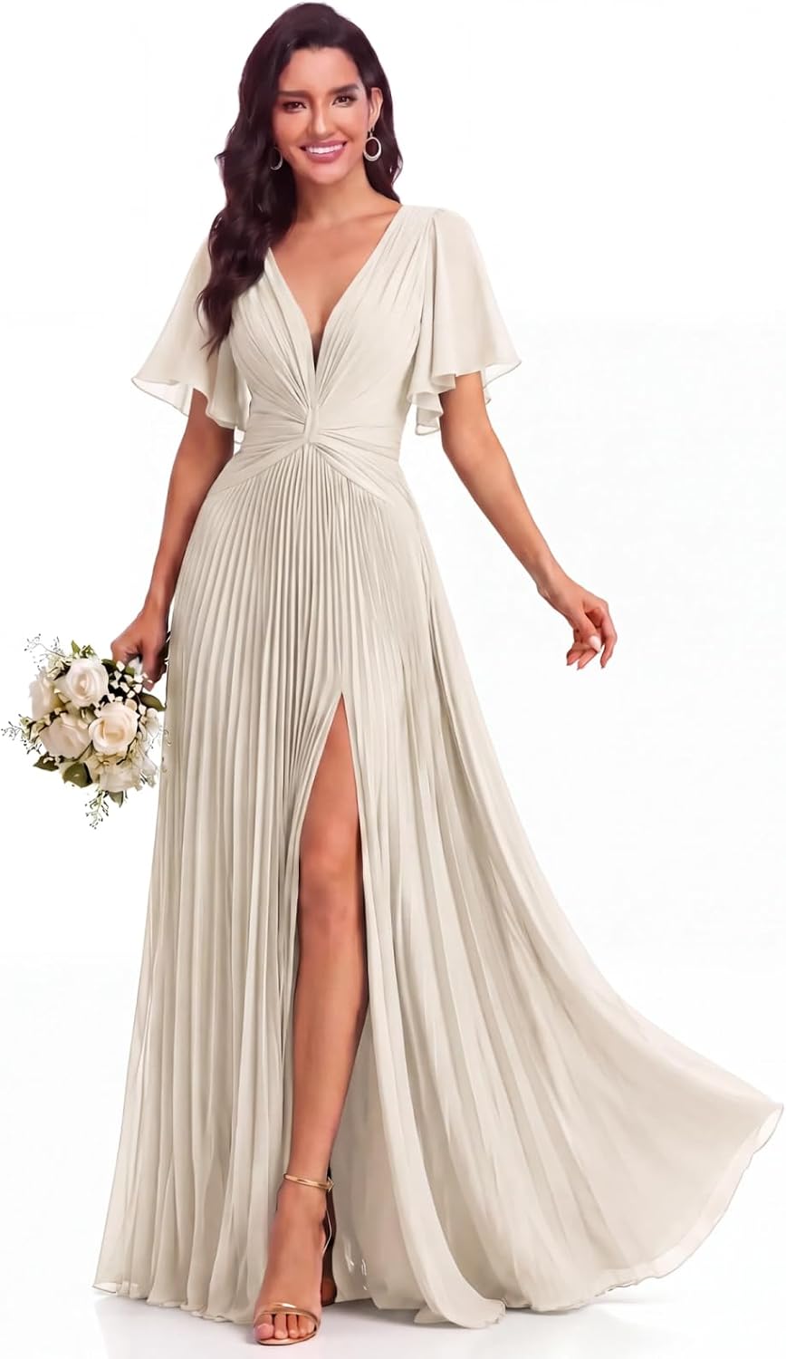 Twist-Front Pleated Chiffon Bridesmaid Dress with Flutter Sleeves