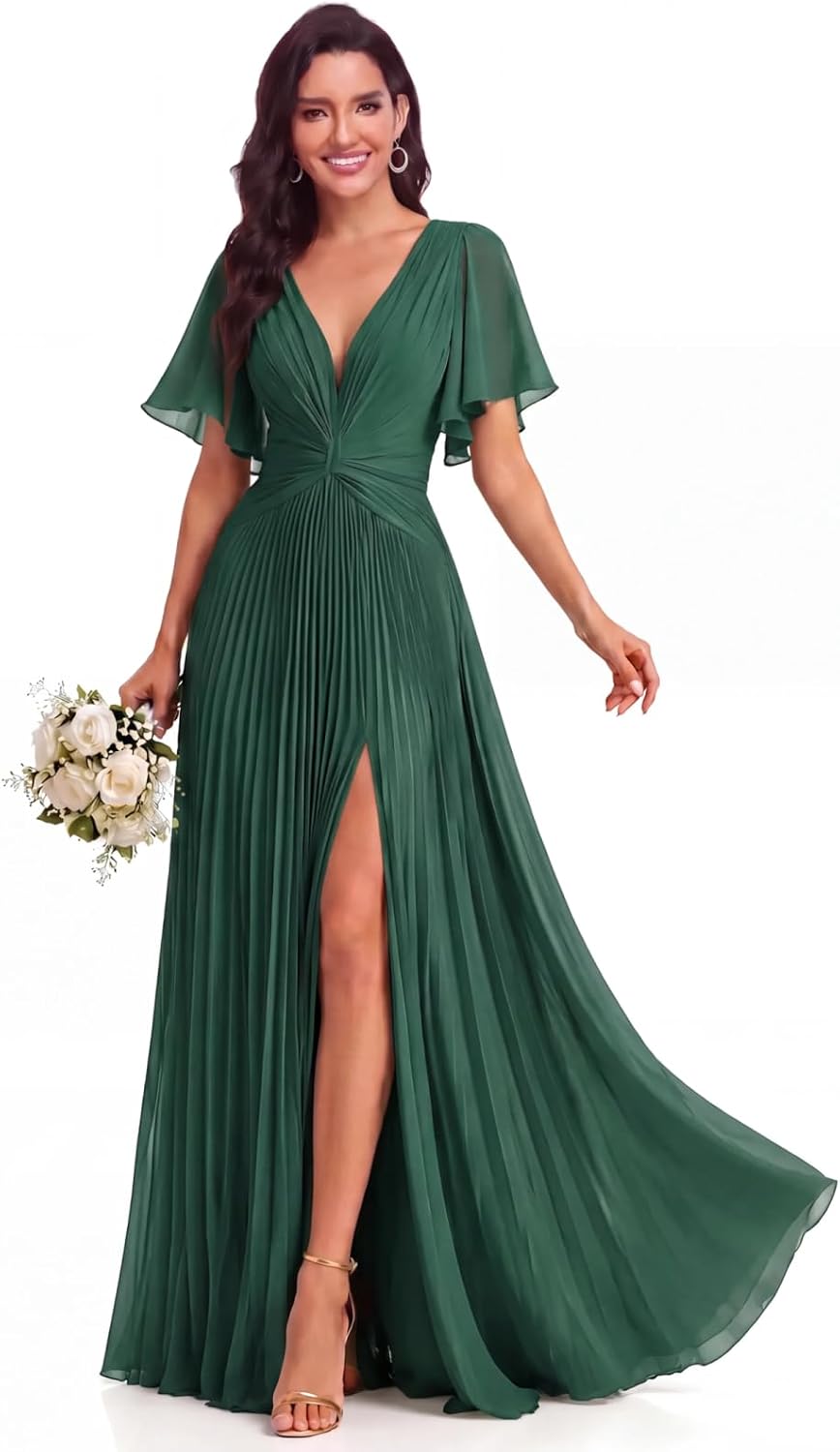 Twist-Front Pleated Chiffon Bridesmaid Dress with Flutter Sleeves