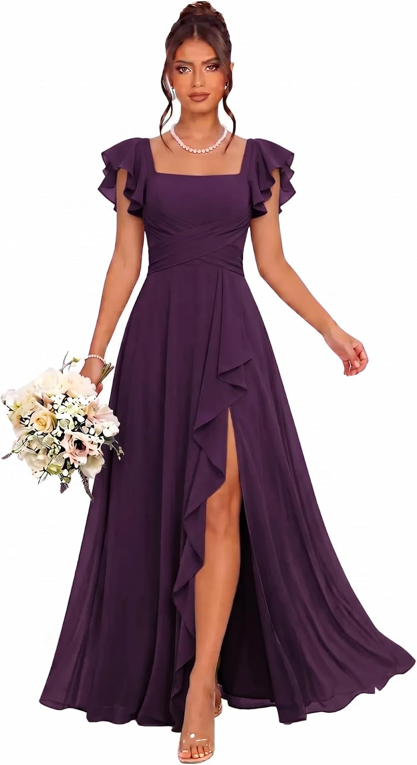 Cascading Ruffle Chiffon Bridesmaid Dress with Flutter Sleeves and Slit