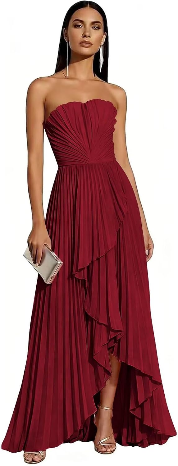Strapless Chiffon Evening Dress with Pleats and Cascading Ruffle Hem