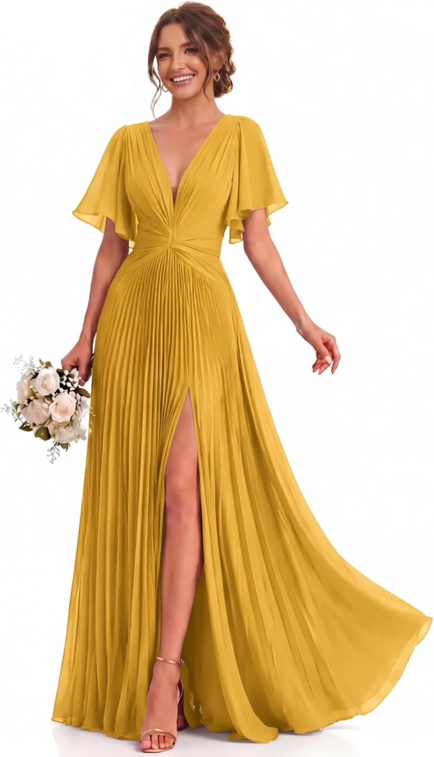 Twist-Front Pleated Chiffon Bridesmaid Dress with Flutter Sleeves