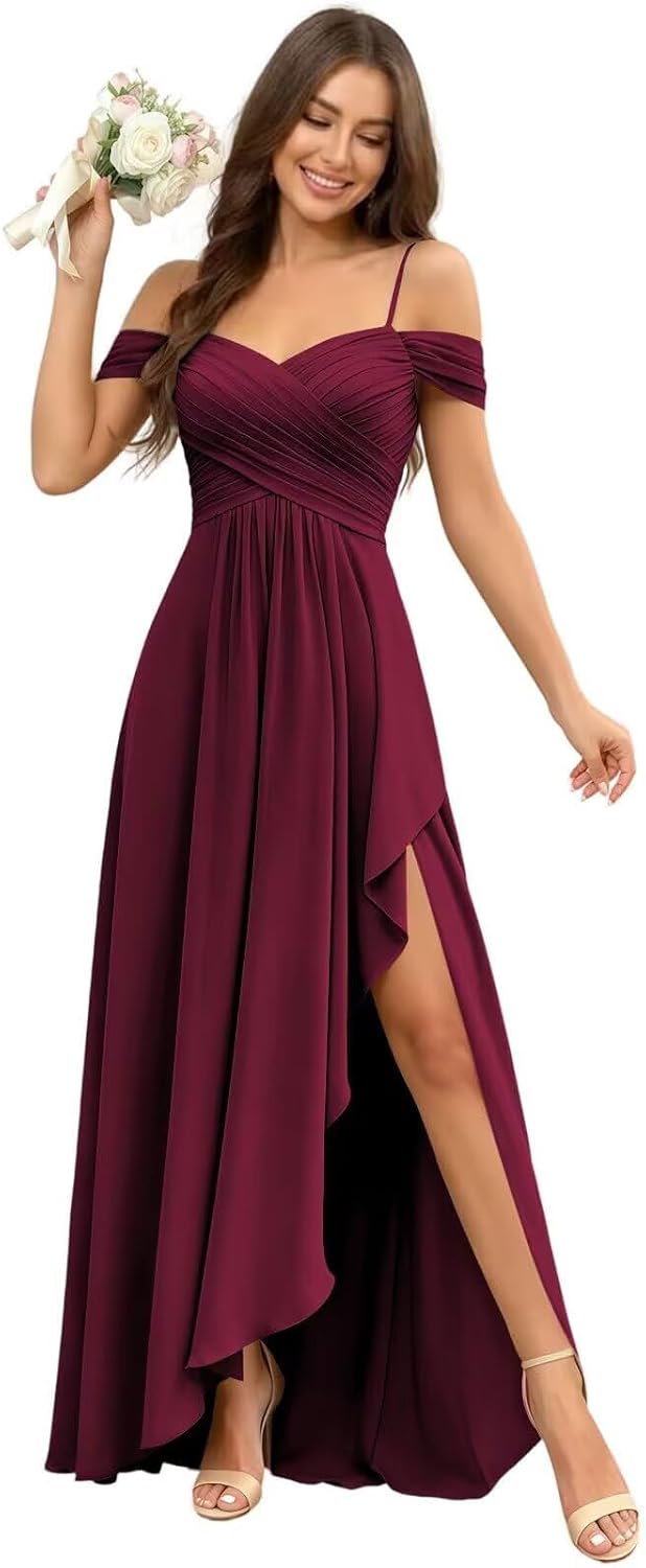 Cold Shoulder Pleated Chiffon Bridesmaid Dress with Ruffle Slit