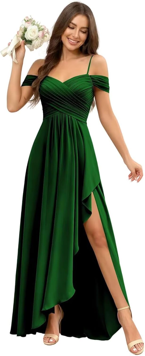 Cold Shoulder Pleated Chiffon Bridesmaid Dress with Ruffle Slit