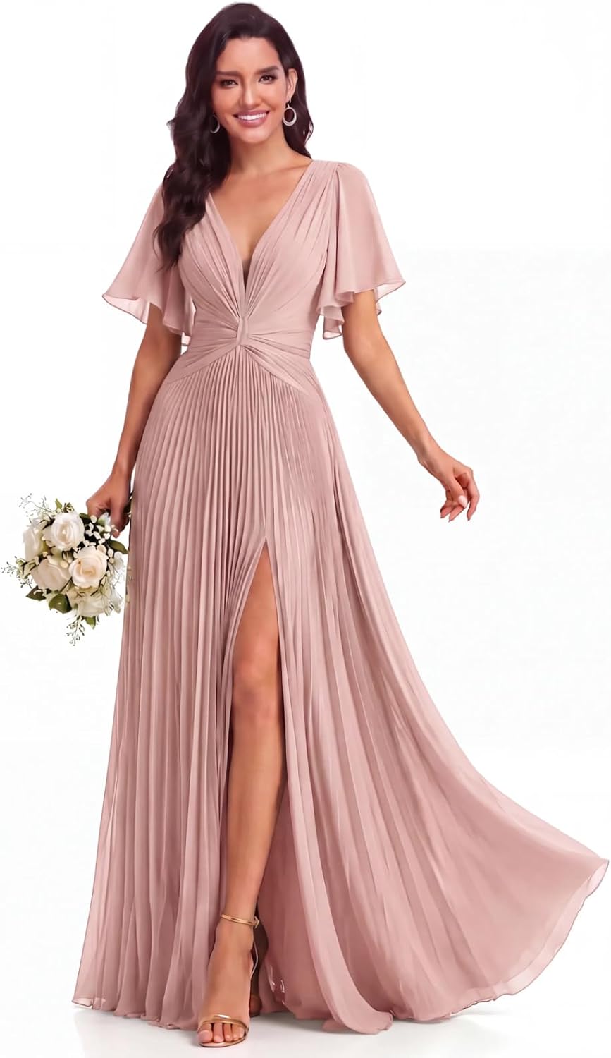 Twist-Front Pleated Chiffon Bridesmaid Dress with Flutter Sleeves