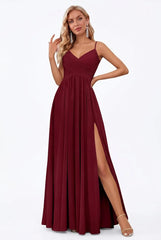 Spaghetti Strap Pleated Chiffon Bridesmaid Dress with V-Neck and Slit