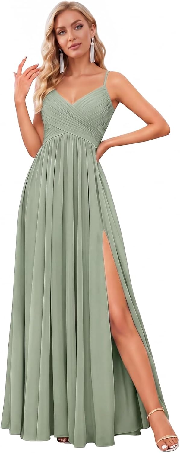 Spaghetti Strap Pleated Chiffon Bridesmaid Dress with V-Neck and Slit