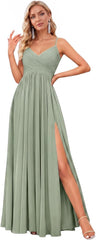 Spaghetti Strap Pleated Chiffon Bridesmaid Dress with V-Neck and Slit