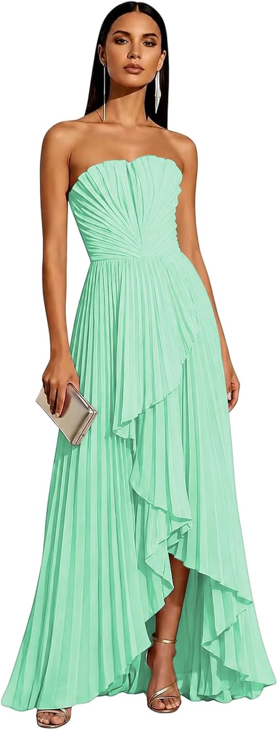 Strapless Chiffon Evening Dress with Pleats and Cascading Ruffle Hem