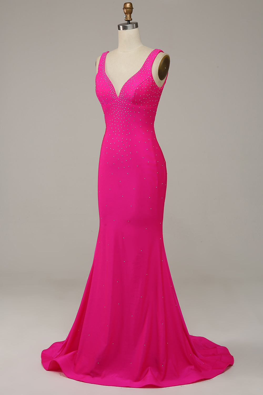 Fuchsia Mermaid V-Neck Beaded Prom Dress