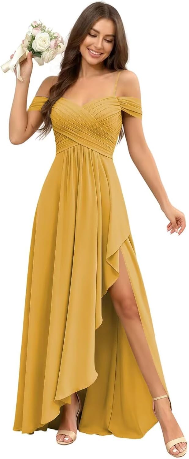 Cold Shoulder Pleated Chiffon Bridesmaid Dress with Ruffle Slit