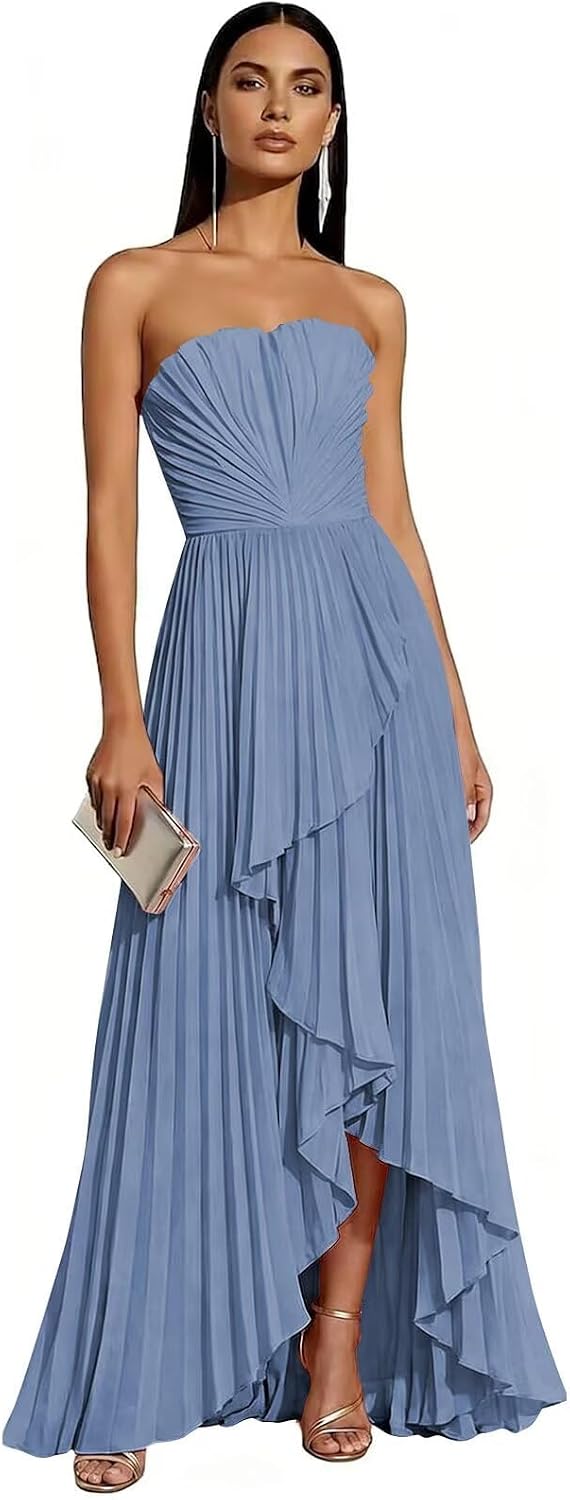 Strapless Chiffon Evening Dress with Pleats and Cascading Ruffle Hem