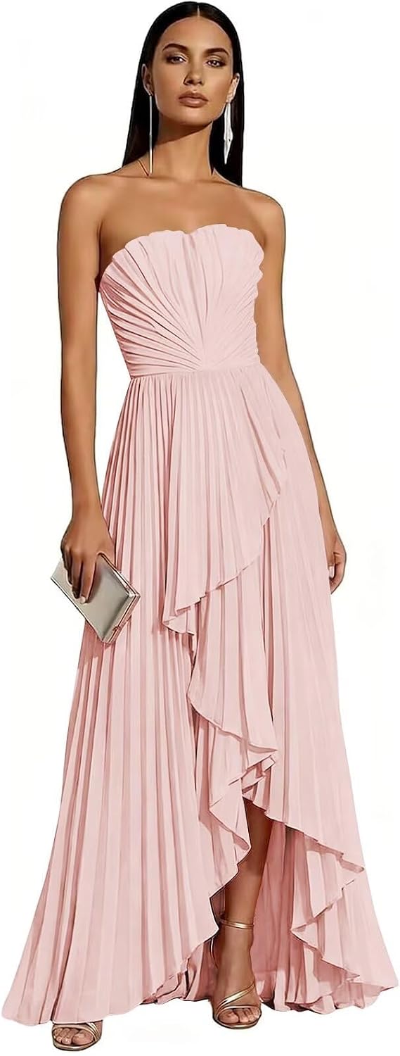 Strapless Chiffon Evening Dress with Pleats and Cascading Ruffle Hem