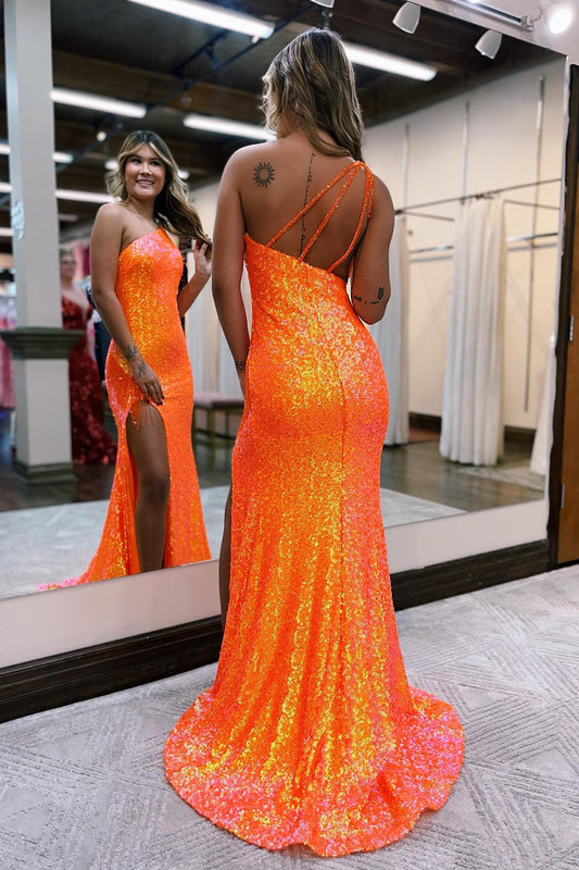 Sparkly Orange Sequins One Shoulder Mermaid Long Prom Dress with Fringes