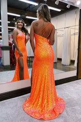 Sparkly Orange Sequins One Shoulder Mermaid Long Prom Dress with Fringes