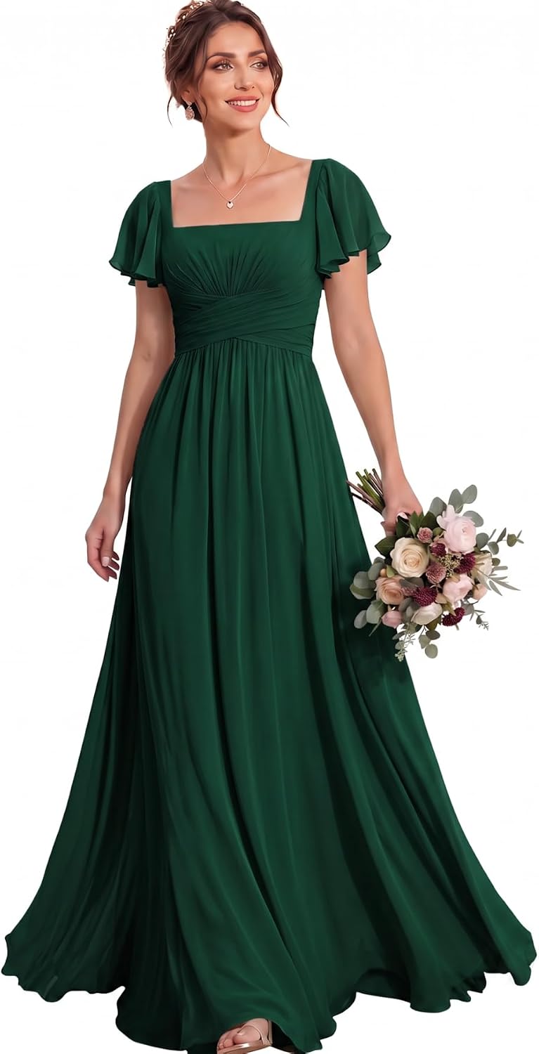 Ruched Waist Chiffon Bridesmaid Dress with Square Neck and Flutter Sleeves