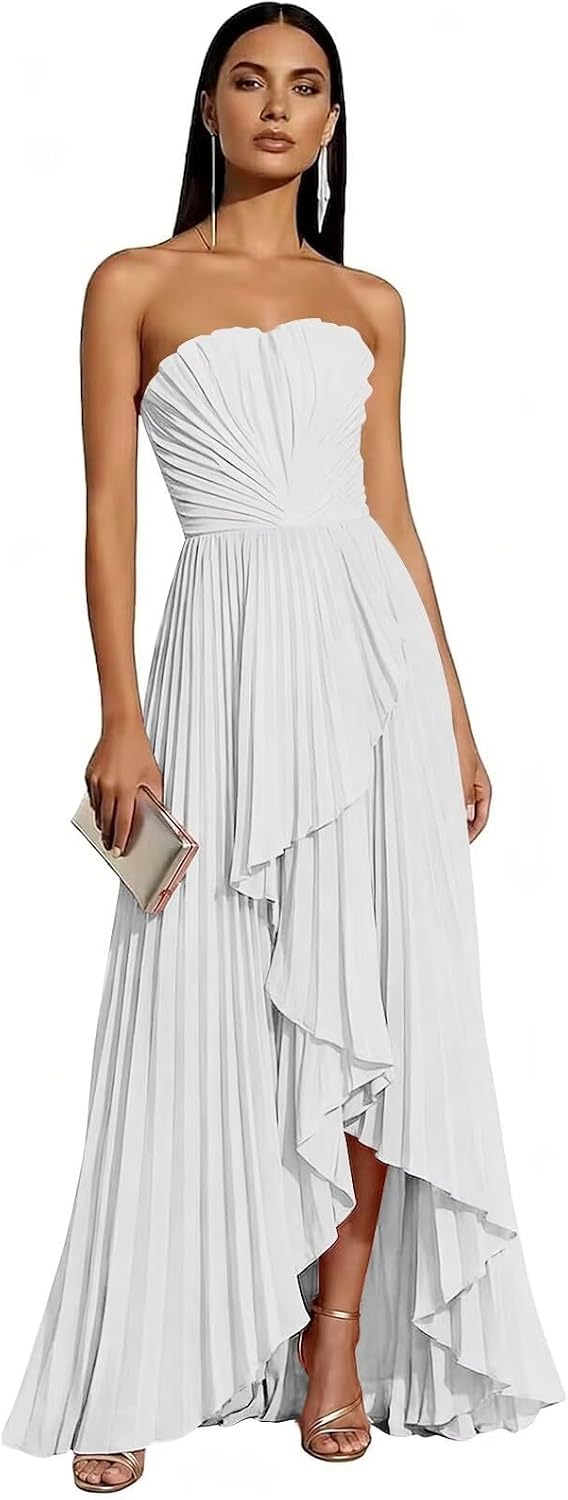 Strapless Chiffon Evening Dress with Pleats and Cascading Ruffle Hem