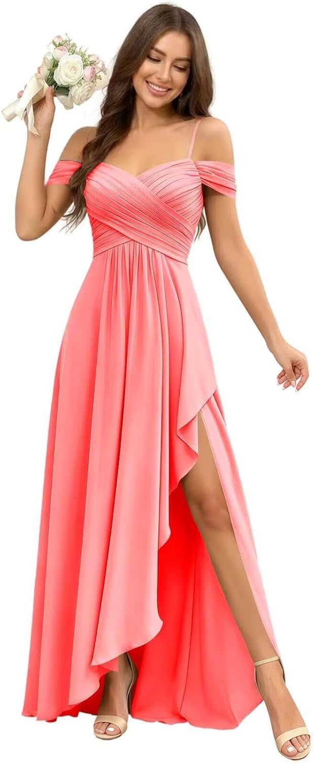 Cold Shoulder Pleated Chiffon Bridesmaid Dress with Ruffle Slit