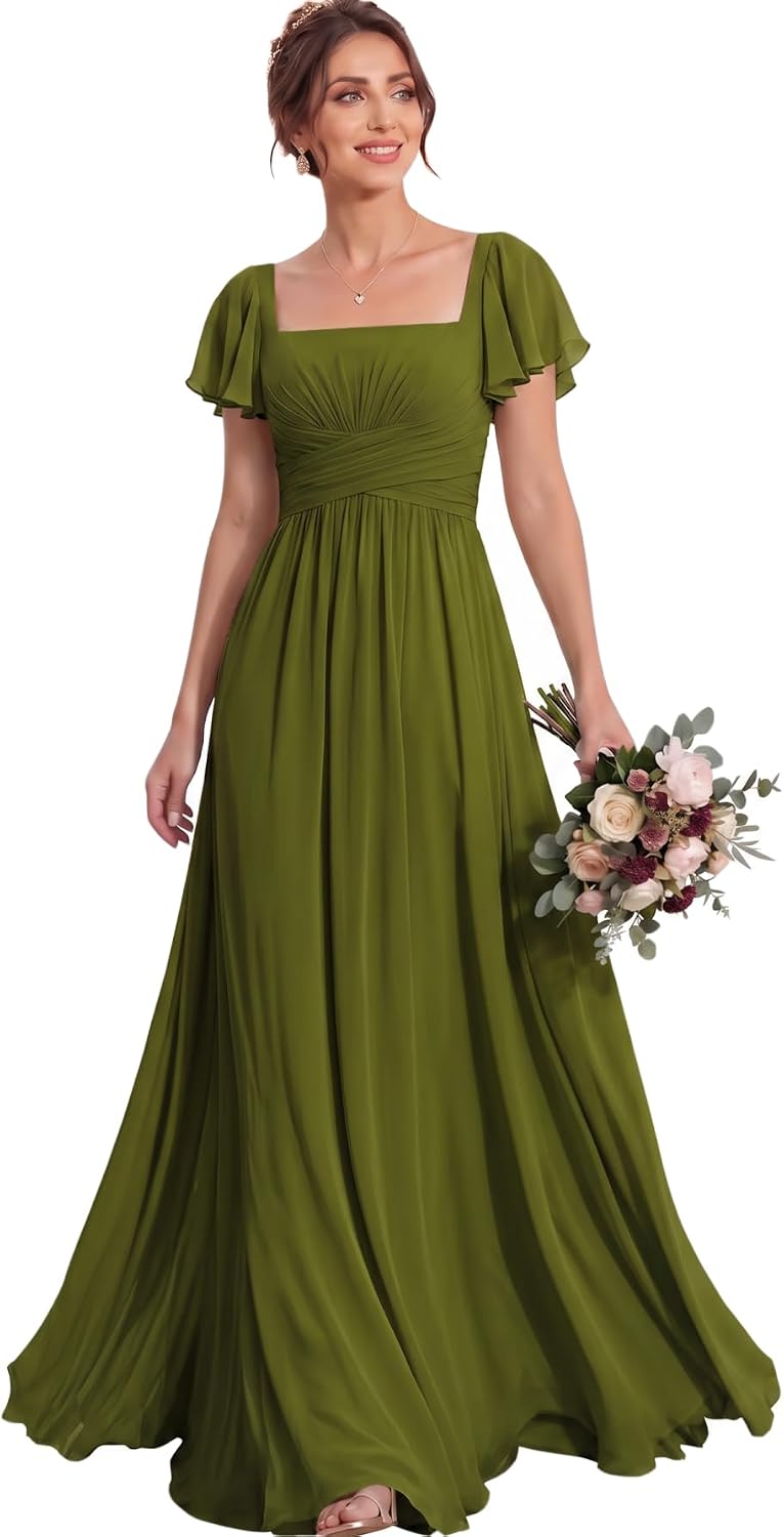 Ruched Waist Chiffon Bridesmaid Dress with Square Neck and Flutter Sleeves