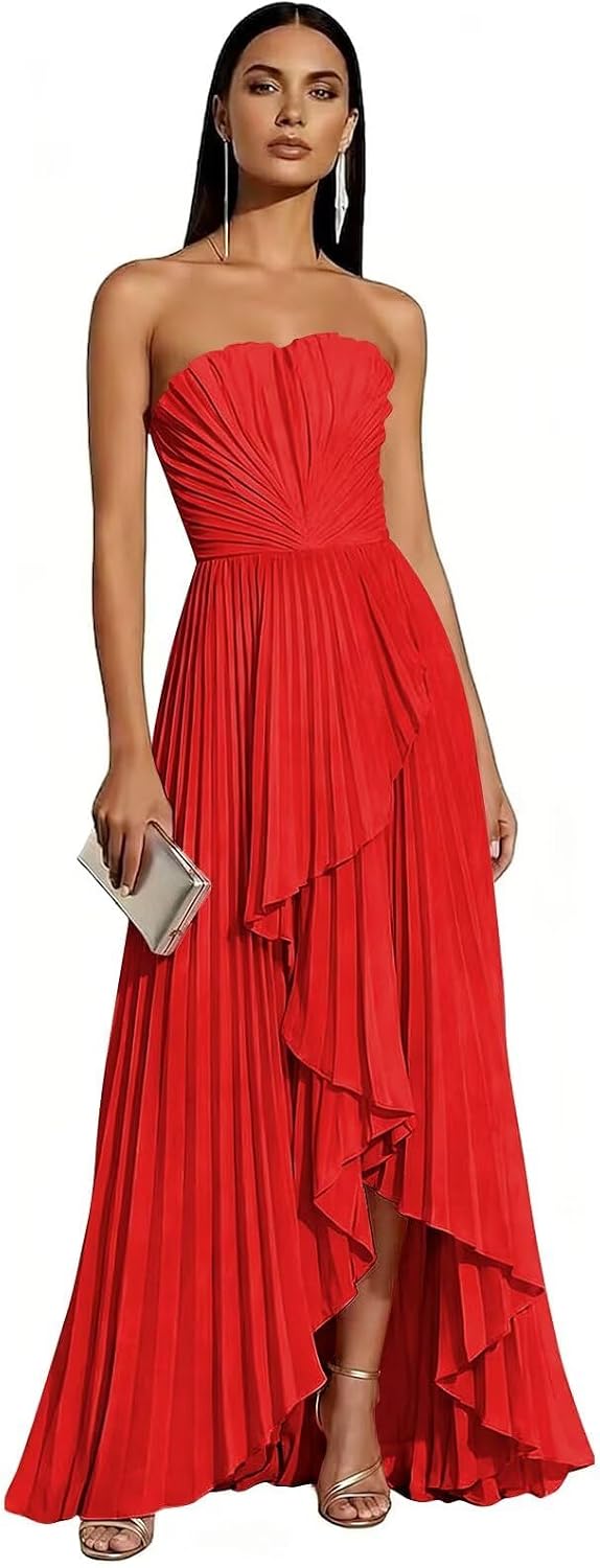 Strapless Chiffon Evening Dress with Pleats and Cascading Ruffle Hem