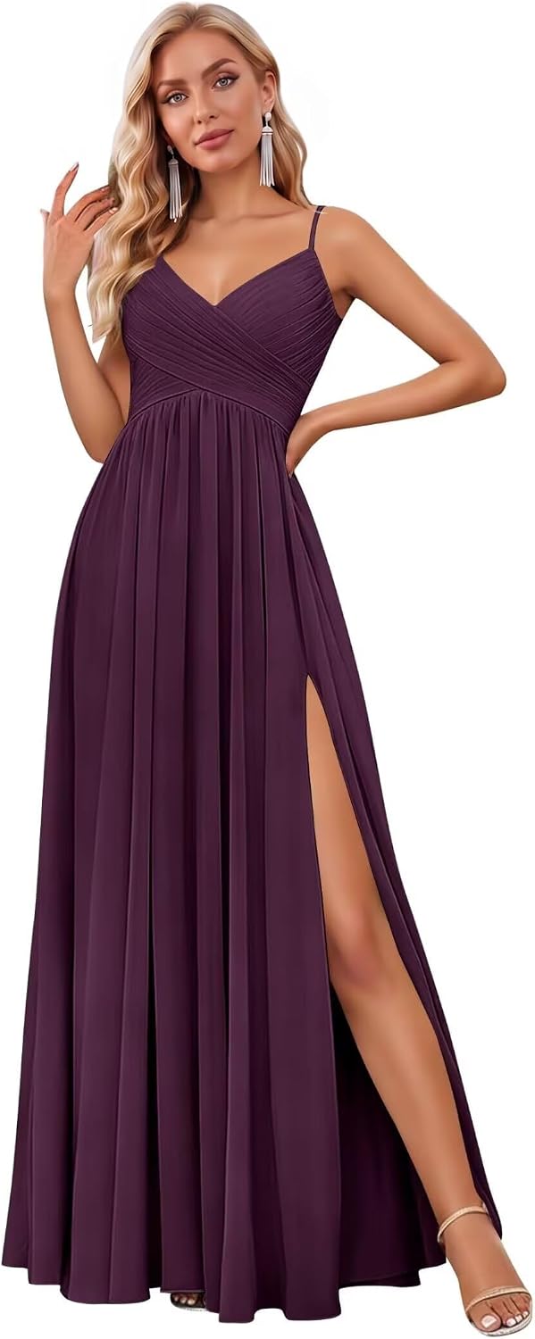 Spaghetti Strap Pleated Chiffon Bridesmaid Dress with V-Neck and Slit