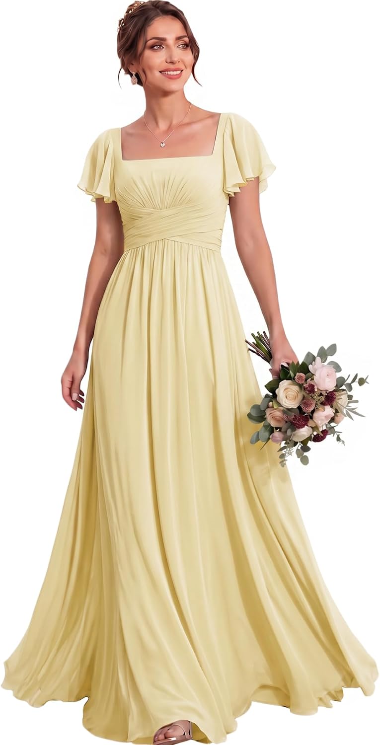 Ruched Waist Chiffon Bridesmaid Dress with Square Neck and Flutter Sleeves