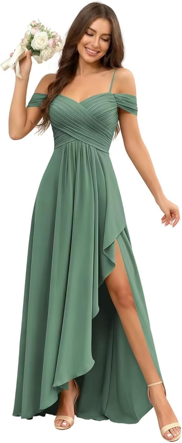 Cold Shoulder Pleated Chiffon Bridesmaid Dress with Ruffle Slit