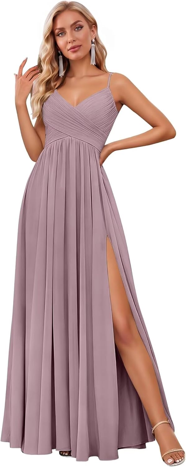 Spaghetti Strap Pleated Chiffon Bridesmaid Dress with V-Neck and Slit