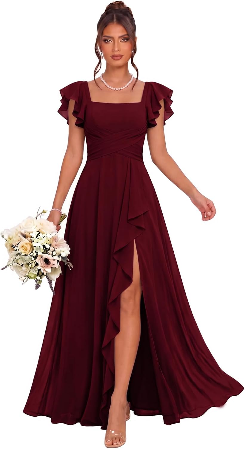 Cascading Ruffle Chiffon Bridesmaid Dress with Flutter Sleeves and Slit