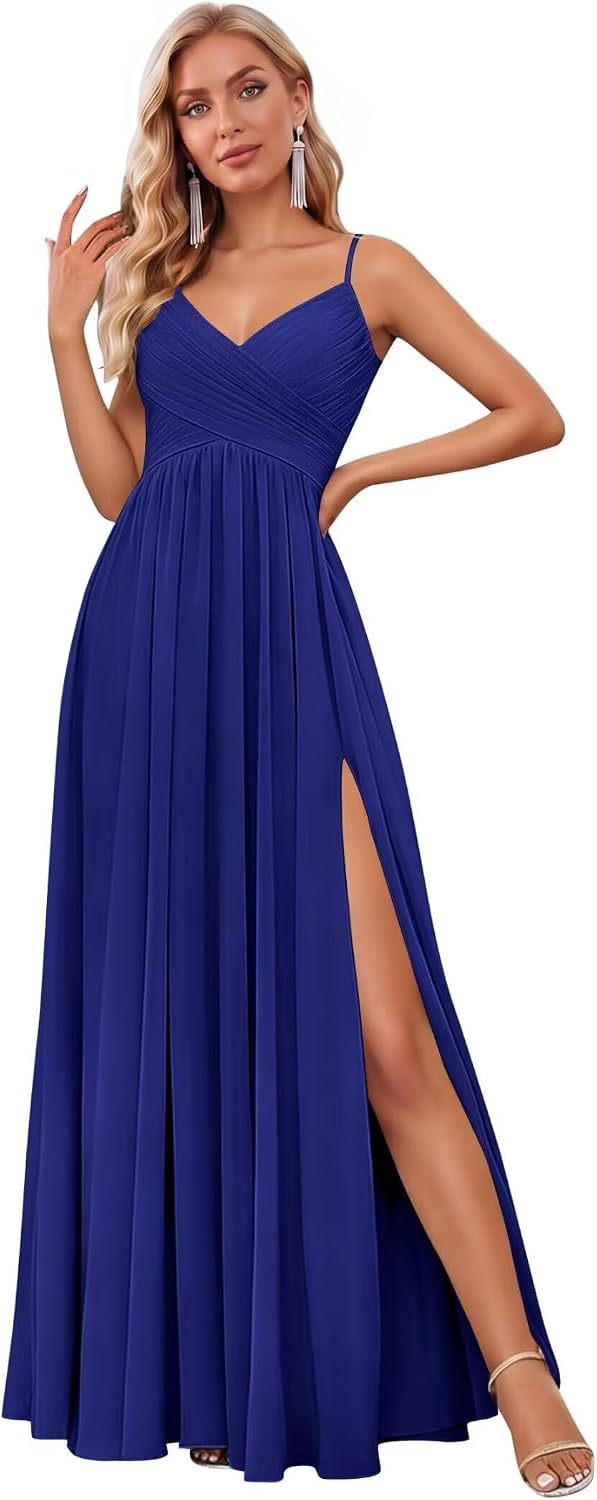 Spaghetti Strap Pleated Chiffon Bridesmaid Dress with V-Neck and Slit