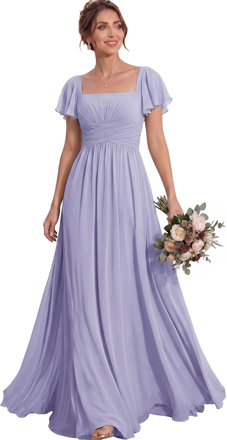 Ruched Waist Chiffon Bridesmaid Dress with Square Neck and Flutter Sleeves