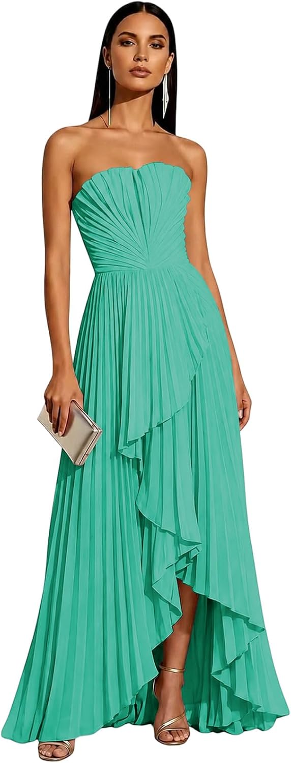 Strapless Chiffon Evening Dress with Pleats and Cascading Ruffle Hem