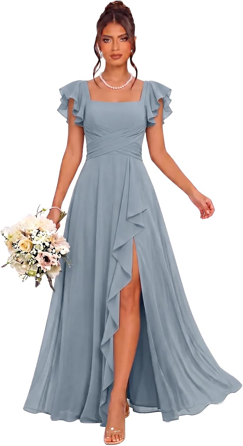Cascading Ruffle Chiffon Bridesmaid Dress with Flutter Sleeves and Slit