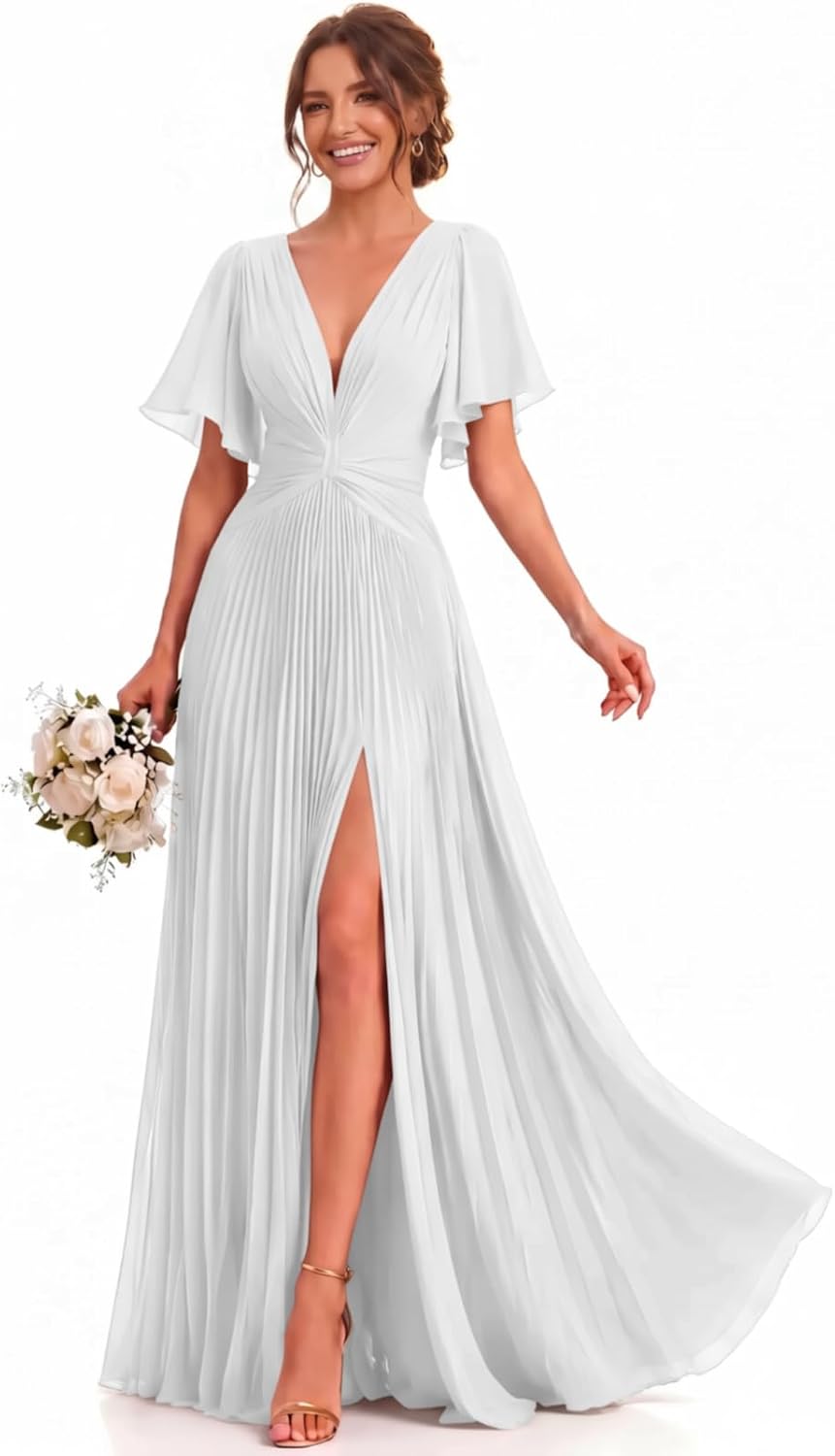 Twist-Front Pleated Chiffon Bridesmaid Dress with Flutter Sleeves