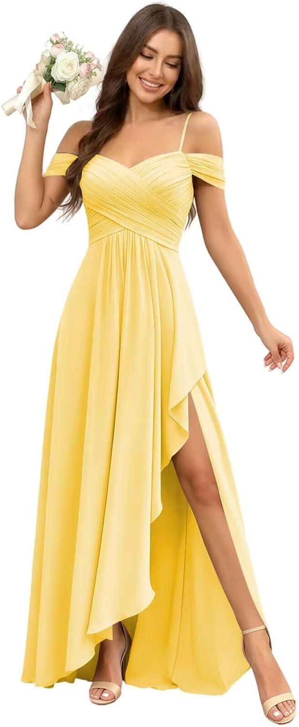 Cold Shoulder Pleated Chiffon Bridesmaid Dress with Ruffle Slit