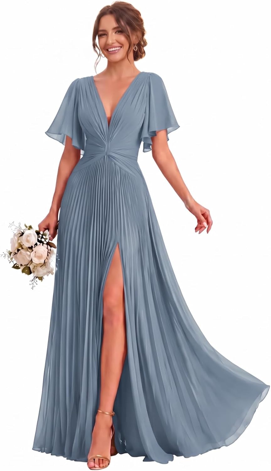 Twist-Front Pleated Chiffon Bridesmaid Dress with Flutter Sleeves