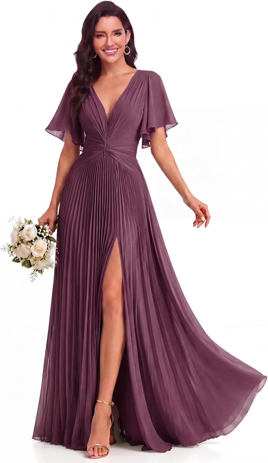 Twist-Front Pleated Chiffon Bridesmaid Dress with Flutter Sleeves