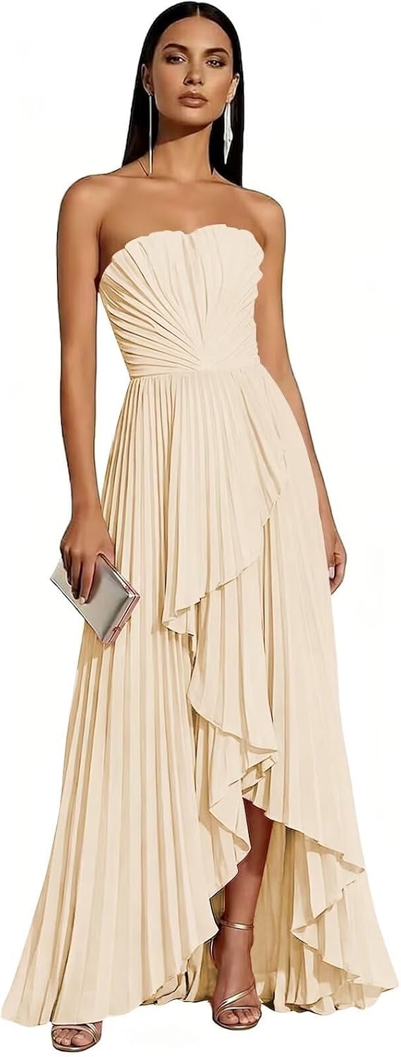 Strapless Chiffon Evening Dress with Pleats and Cascading Ruffle Hem