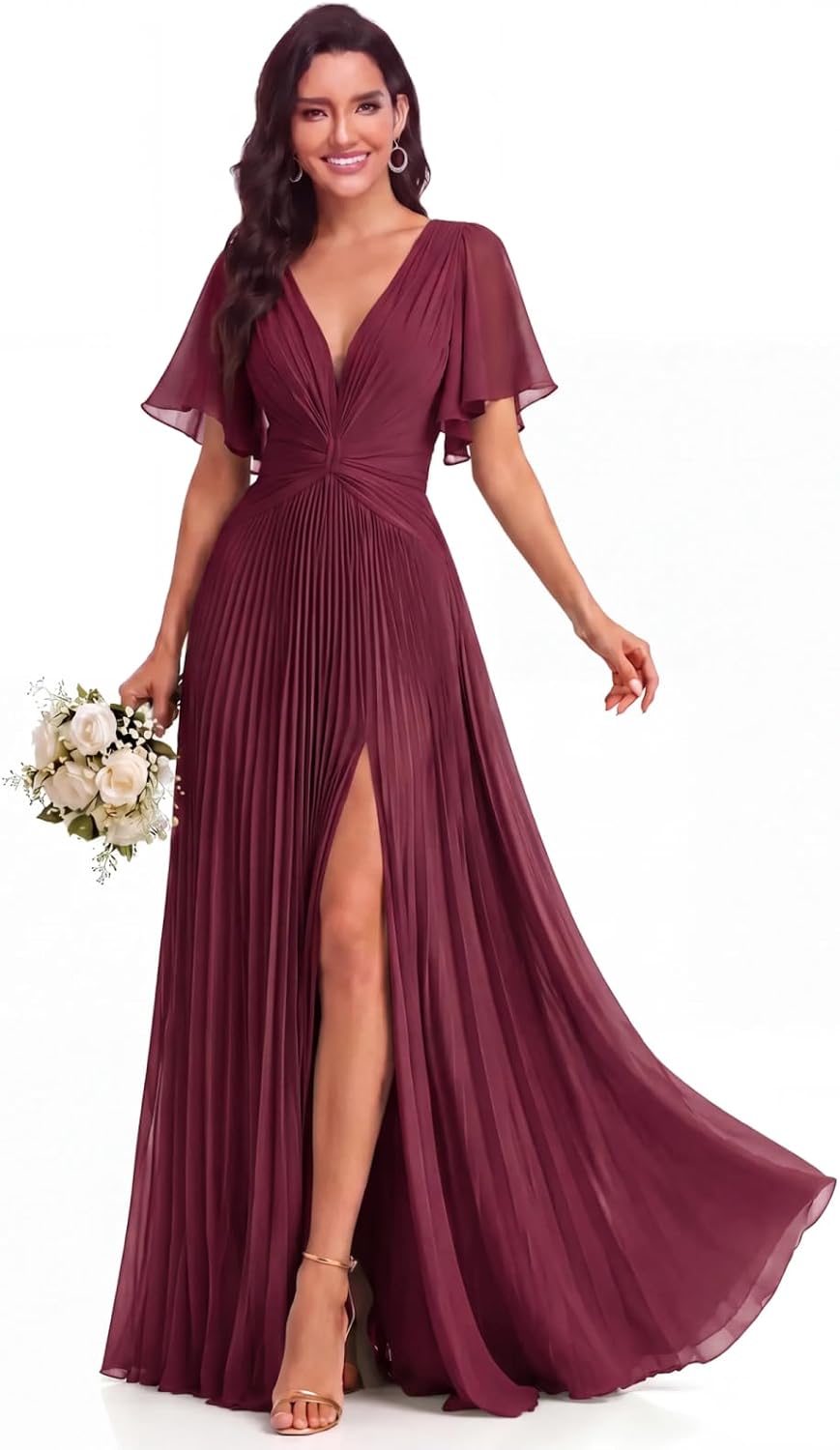 Twist-Front Pleated Chiffon Bridesmaid Dress with Flutter Sleeves